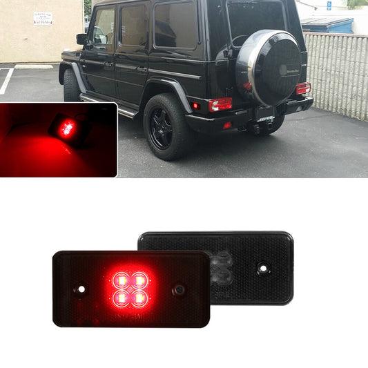 Two-pack of red LED rear side marker lights suitable for 2002-2014 for Mercedes-Benz G500, G55, G63, and AMG models.