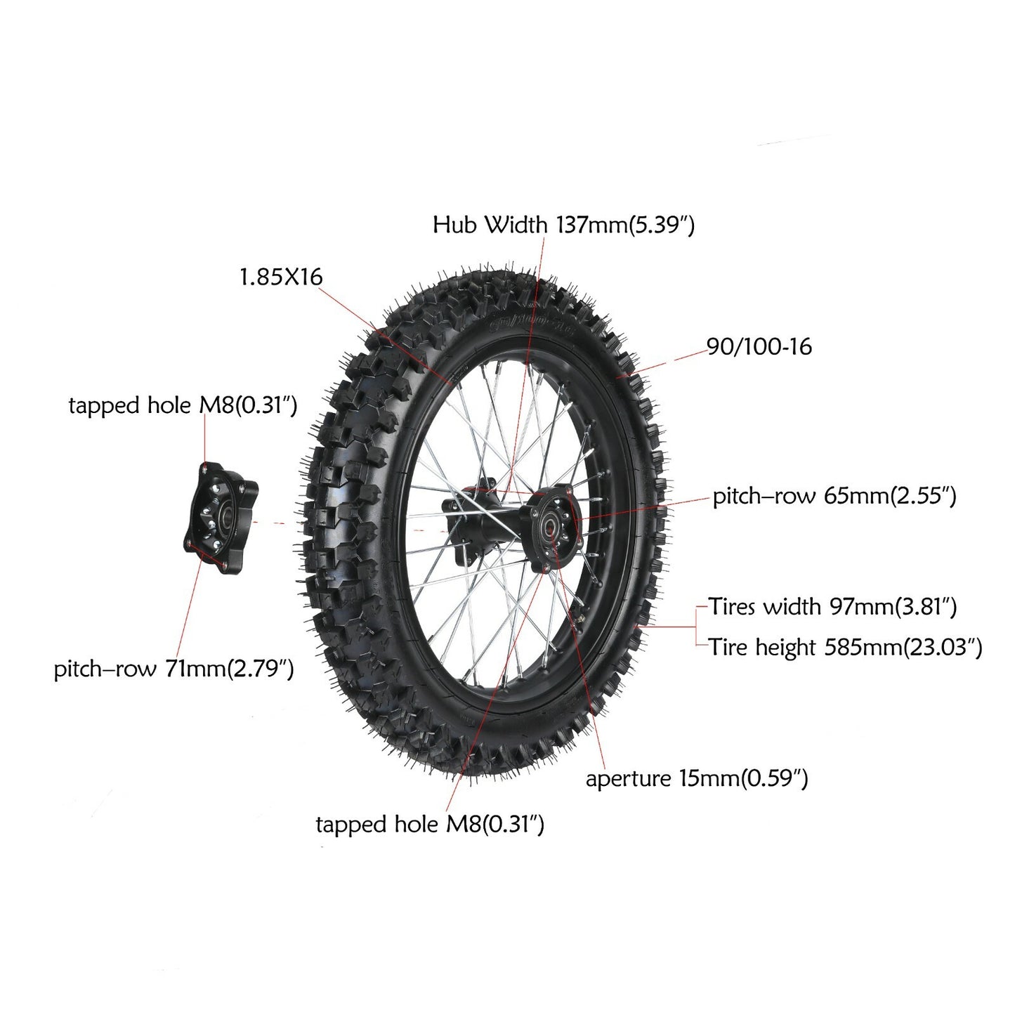 19-inch and 16-inch front and rear wheels, 70/100-19 and 90/100-16 tires, rim grooves, 150cc off-road bicycle, 200