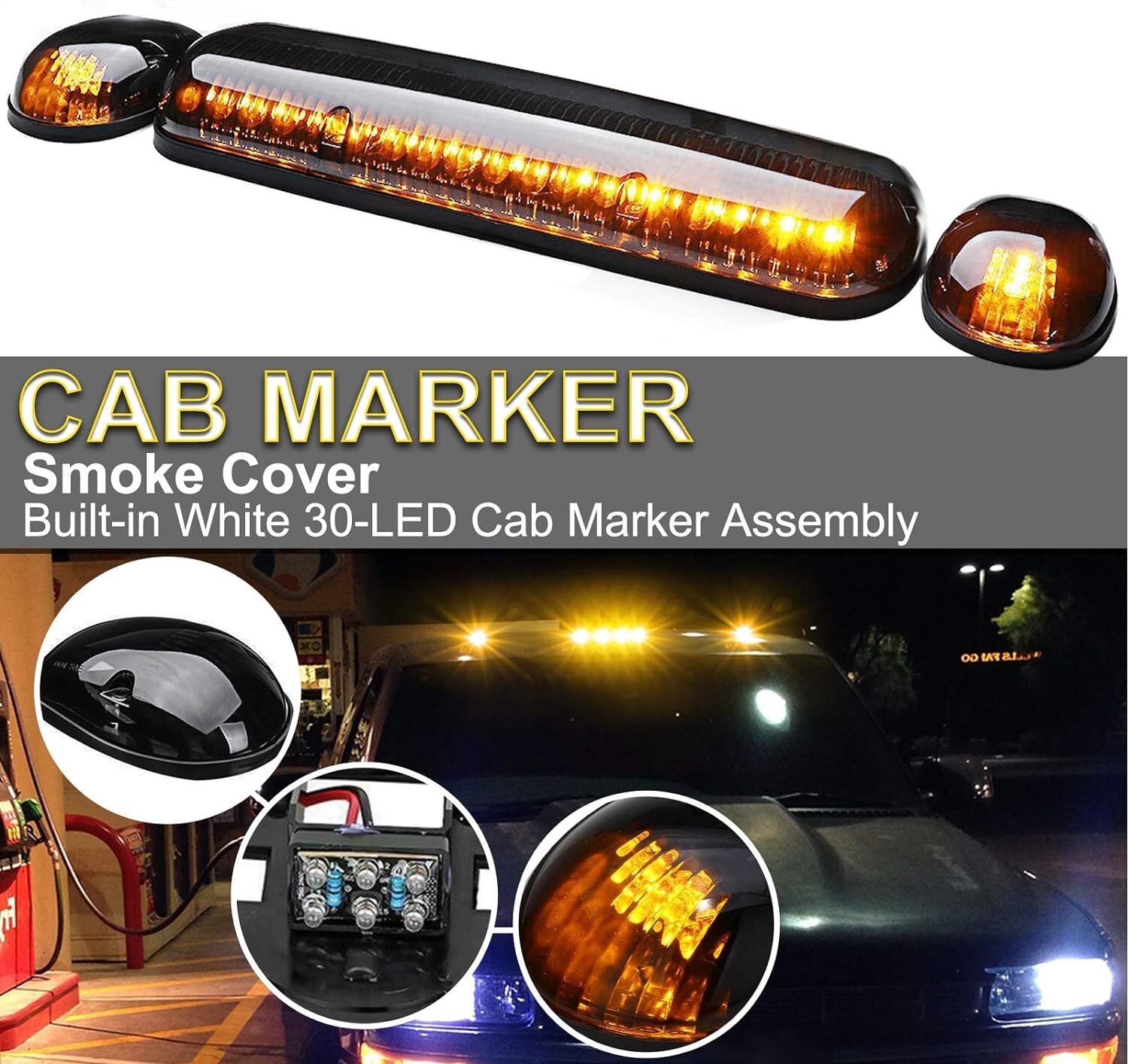 3pcs Smoked Amber For 2002-2007 for Chevy Silverado LED Cab Roof Top Marker Lights