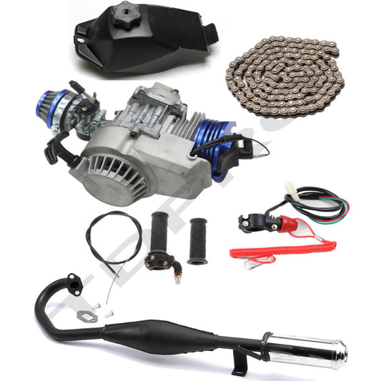 2-stroke 49cc/50cc large-hole engine motor kit for pull-start pocket bicycles, scooters, and go-karts.