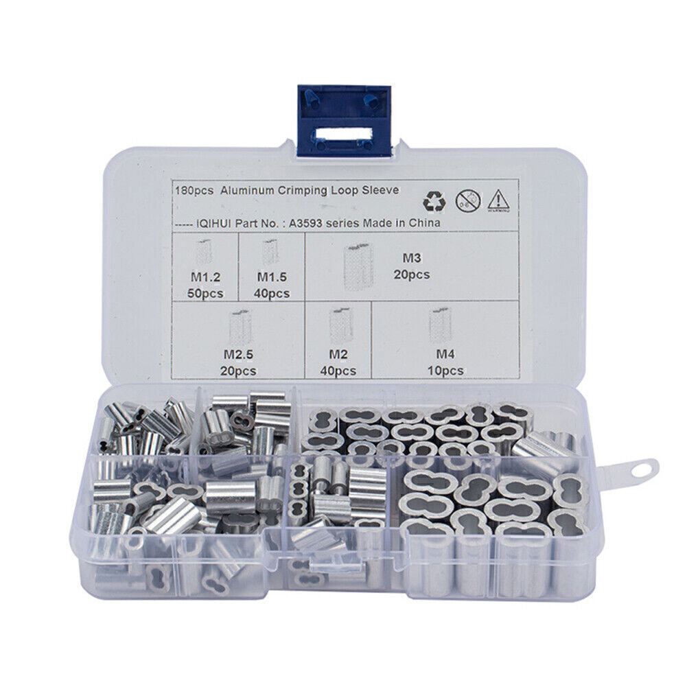 180x 6Size Aluminum Wire Rope Cable Ferrule Crimping Swage Sleeve Silver Tone