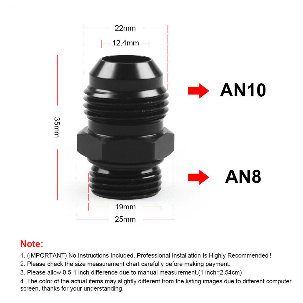 2Pcs ORB 8AN to 10AN Flare Male Fuel Rail Adapter Fitting Black Aluminum
