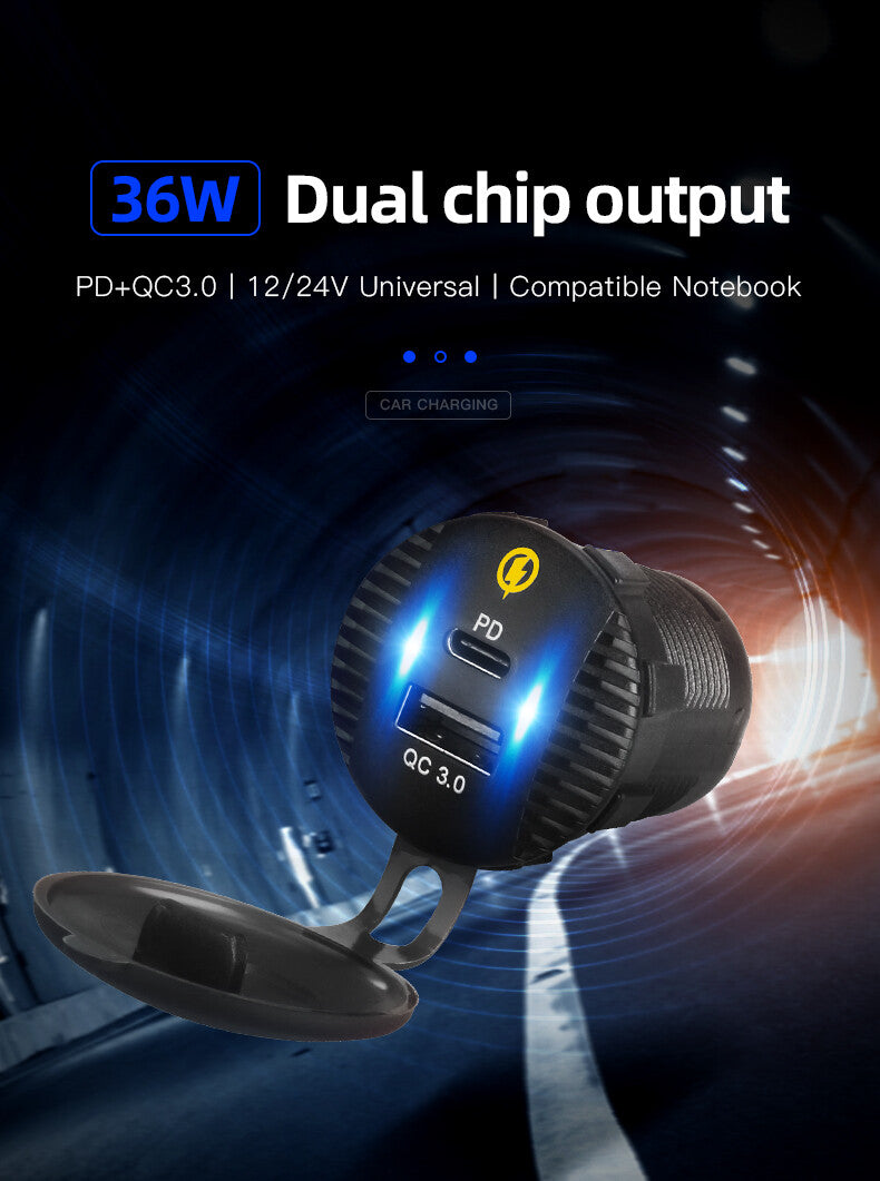 36W Car Phone Fast for Charger Dual Port Power Socket Outlet 12V-24V PD + QC3.0