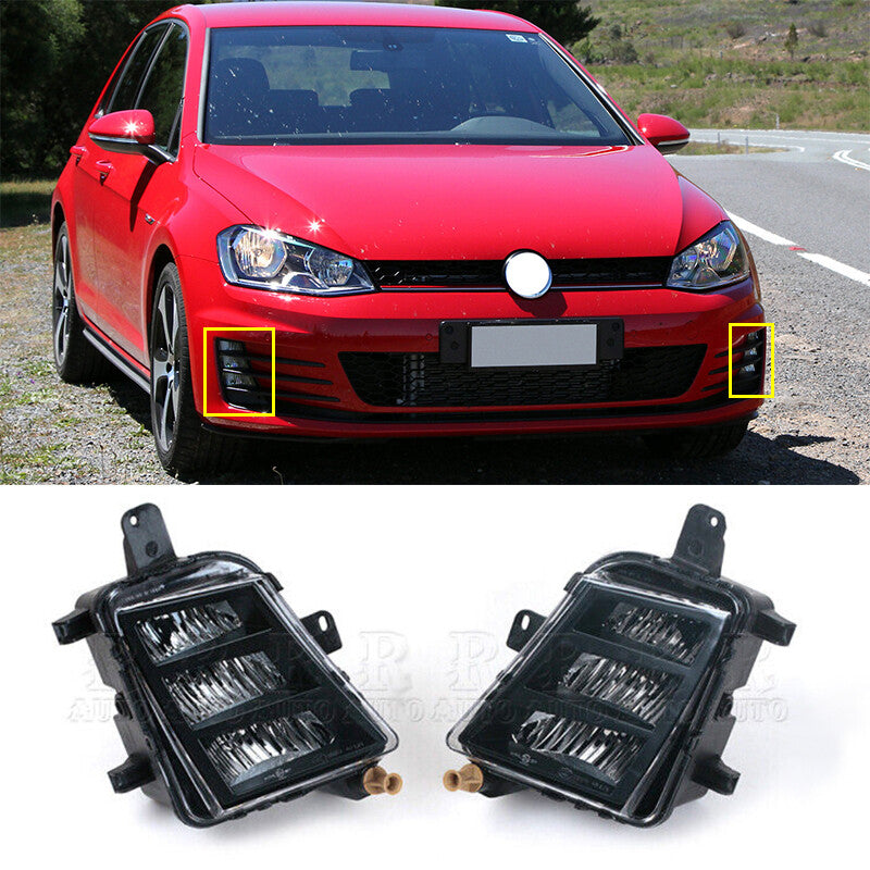 A pair of white front LED DRL fog lights for Volkswagen for Golf 7, A7, MK7, GTI, and GTD models (2013-2017).