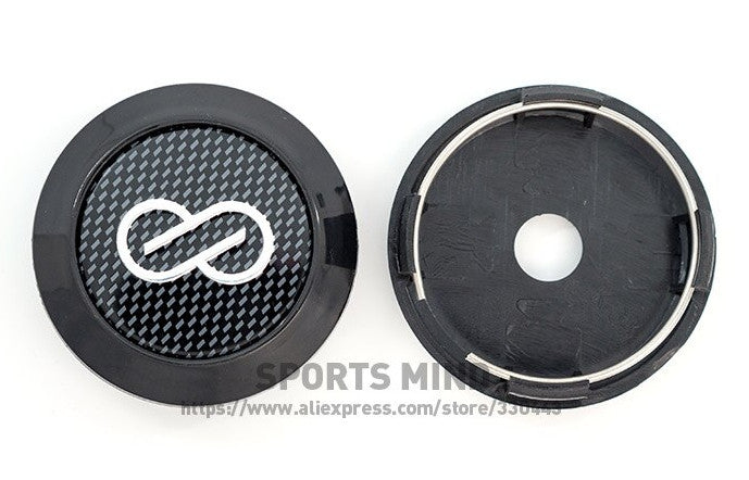 Brand new 4-piece set of 64mm Enkei wheel caps, rim center caps, badges, and black carbon fiber.