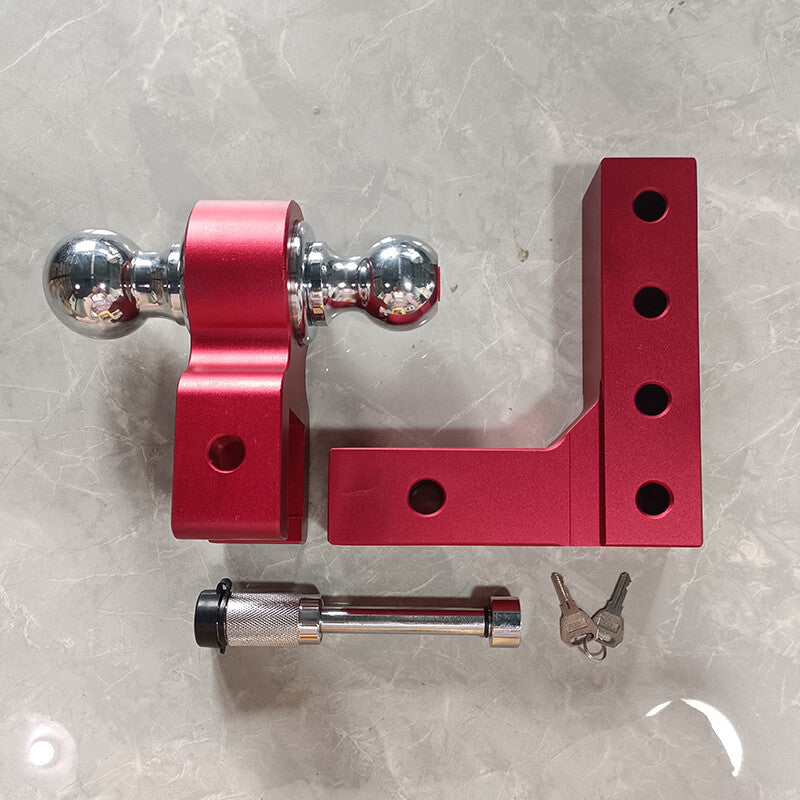 Red adjustable trailer hitch, double ball mount, fits 2-inch receiver, 6-inch drop-off.
