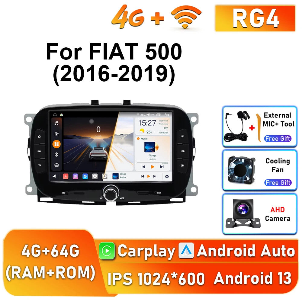 for Fiat 500 2016-2019 Android Auto CarPlay Car Radio GPS Stereo Player Screen
