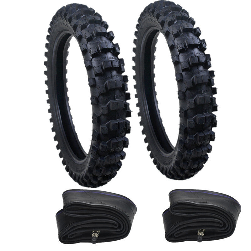 Front and rear 70/100-19 and 90/100-16 tires + tubing suitable for Honda CRF125, CRF150, and CR85 Pit bicycles.