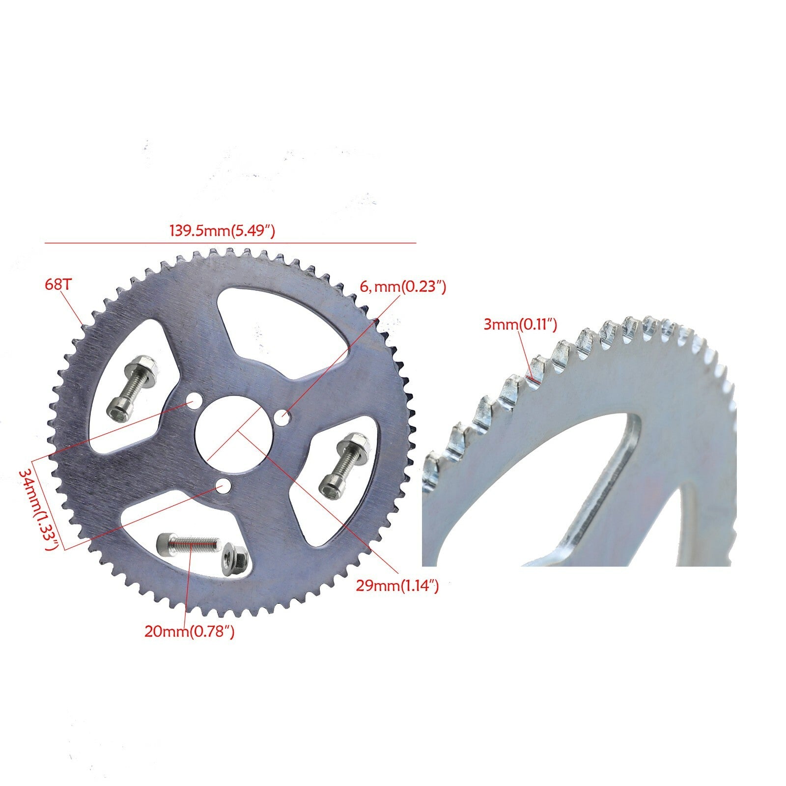 25H Chain 136 Links +68T 29mm Rear Sprocket for 49cc Electric Scooter ATV Quad
