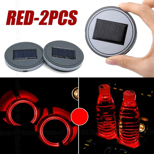 Red LED Solar Cup Pad Car Interior Parts Cover Decoration Light Auto Accessories