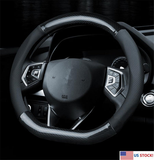 38cm Car Steering Wheel Cover Black PU Leather Carbon Fiber Non-Slip Universal