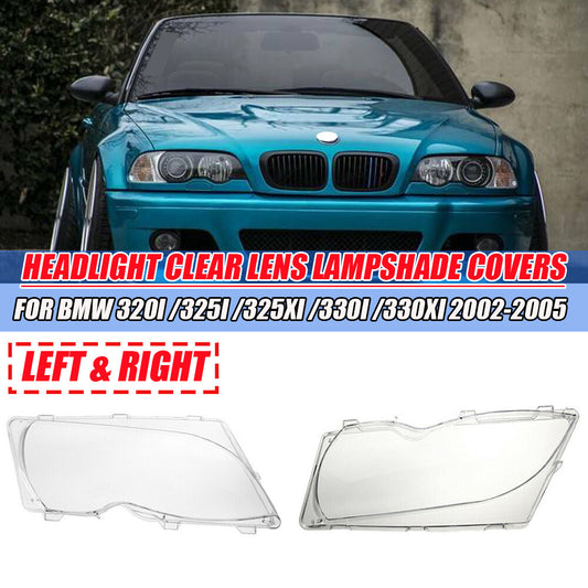 pair of headlight protective lens covers for BMW 3 Series E46 2002-2005 4D pre-replacement plastic.
