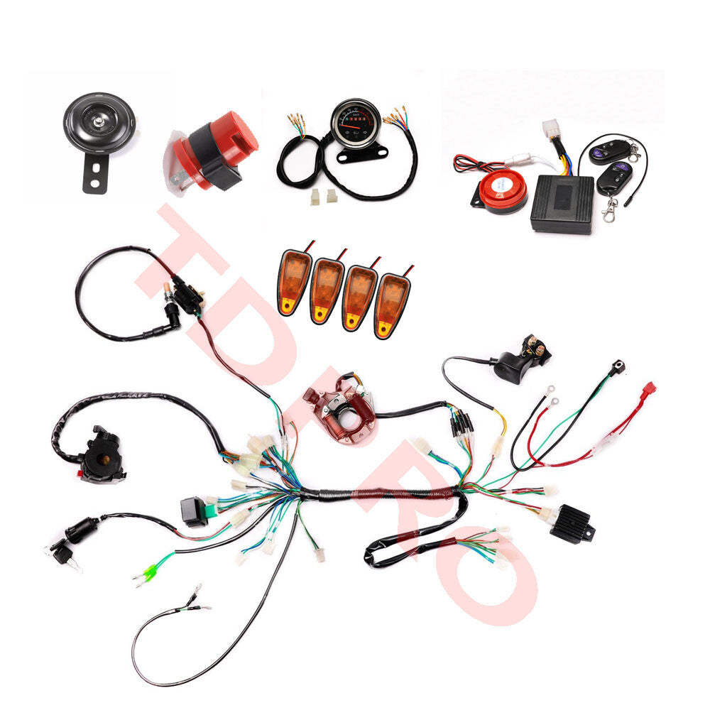 Electric start full harness light and warning flasher suitable for 50, 110, and 125cc all-terrain vehicles and four-wheelers.