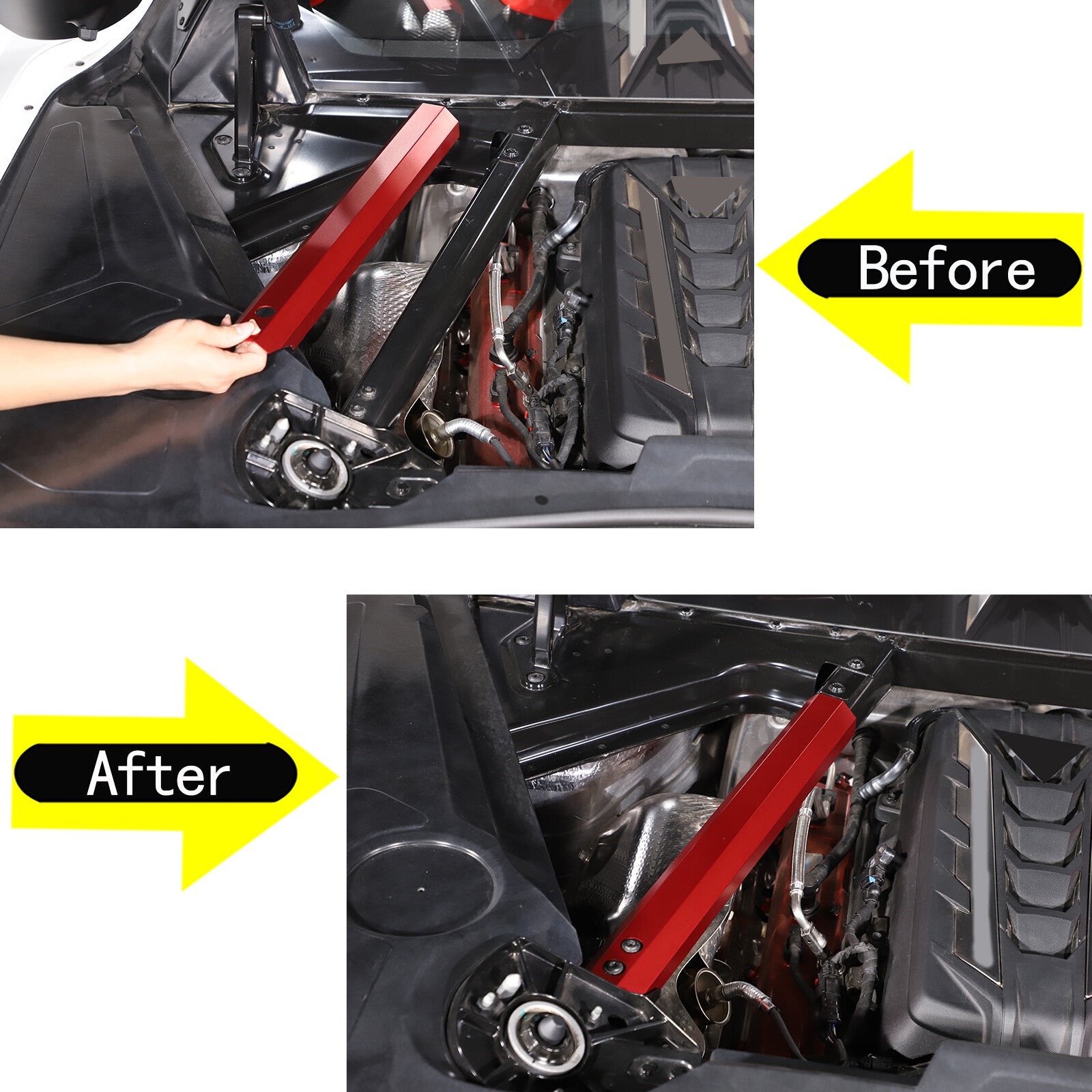 Aluminum red engine crossbar dress panel trim for Corvette C8 2020 - 2023 2 pieces