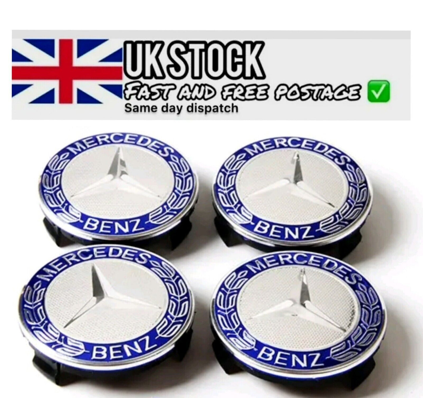 4-piece blue alloy wheel center caps 75mm ABCESM grade ML CLA GLA