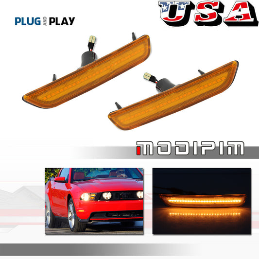 A pair of amber-tinted front side marker lights with amber lenses for 2010-2014 for Ford Mustangs.