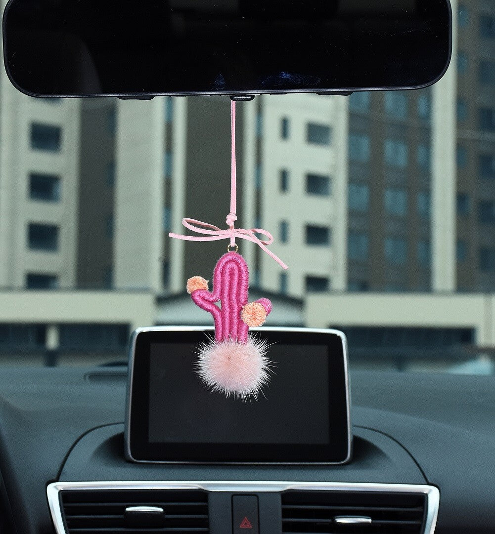 Pink Cactus Car Rearview Mirror Ornament Hanging Cute Crochet Succulent Plant