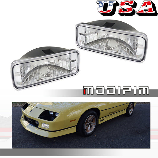 A pair of clear chrome front bumper turn signals suitable for 1985-1992 for Chevrolet Camaro.