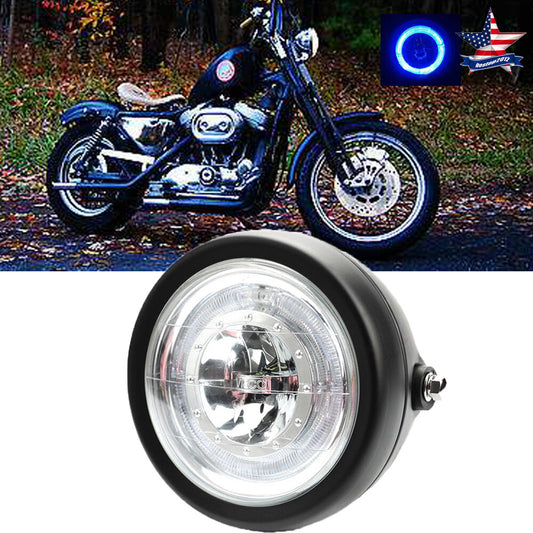 Motorcycle LED 6.5-inch DRL headlight with blue HALO ring for Harley Bobber Angel Eyes