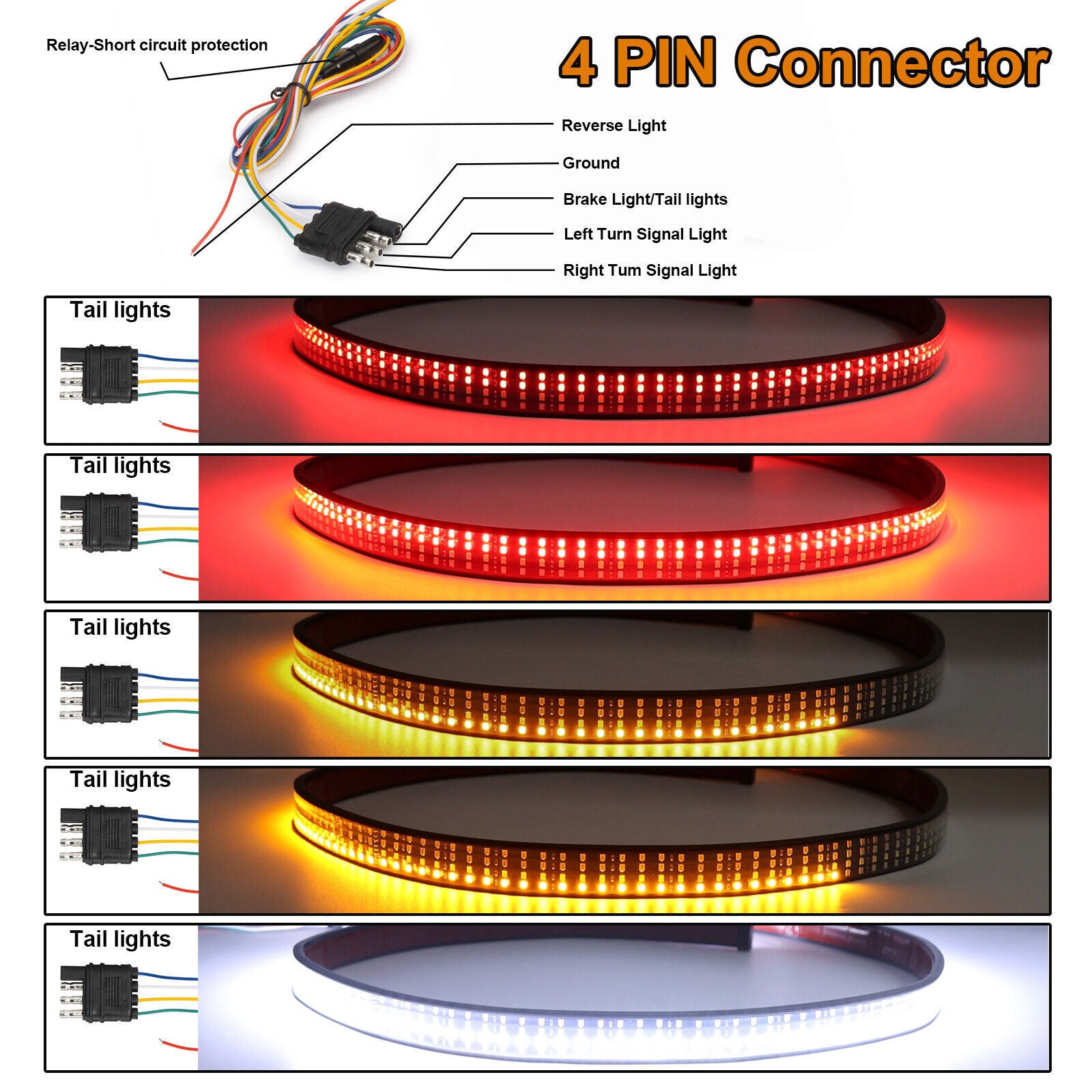 624 LED Rows Truck Strip Tailgate Light Bar Reverse Brake Tail Signal Lamp 604