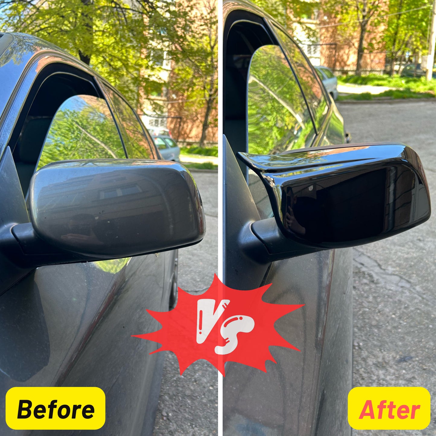 A pair of glossy black mirror-finish protective cases, Model M, suitable for 2003-2008 for BMW E60, E61, E63, E64