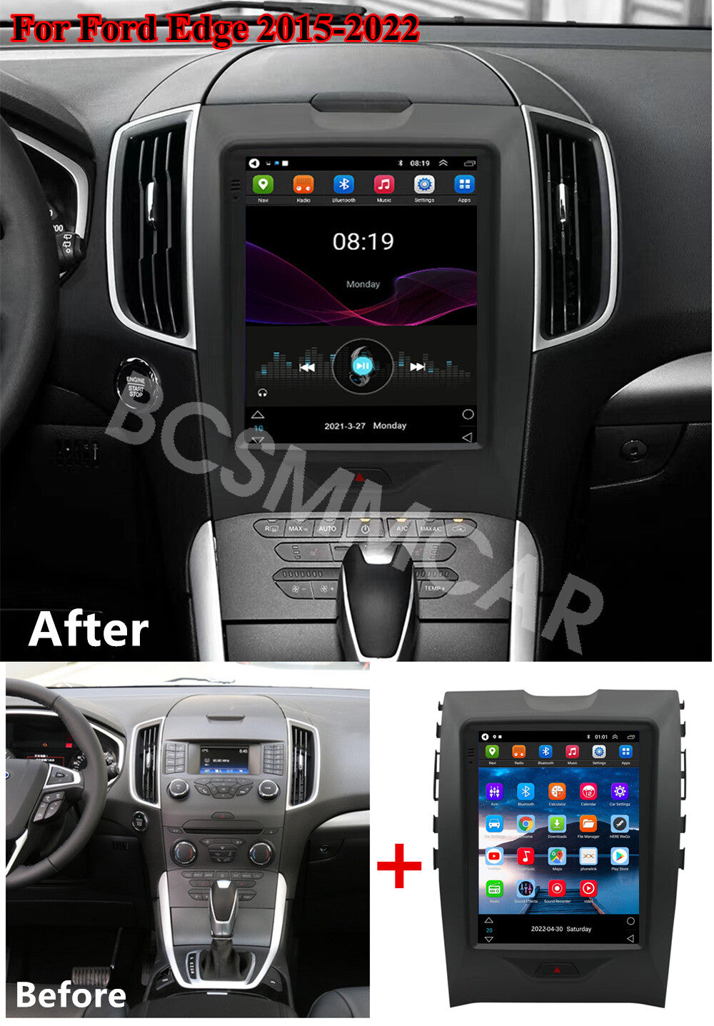 For Apple Carplay Car Stereo Radio Android13 GPS BT Fit for Ford Edge 2015-2022