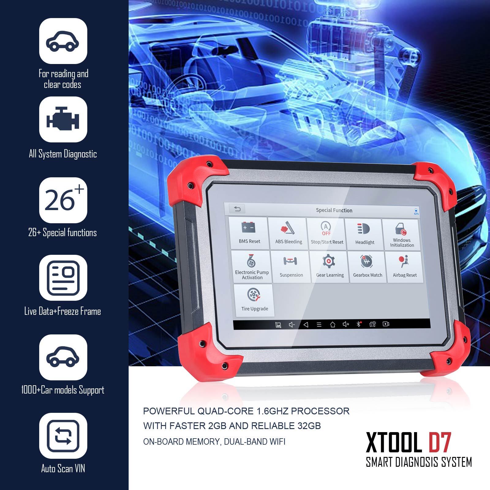 XTOOL D7 Automotive Diagnostic Bi-Directional Scan Tool IM-MO K-ey Prog-ramming