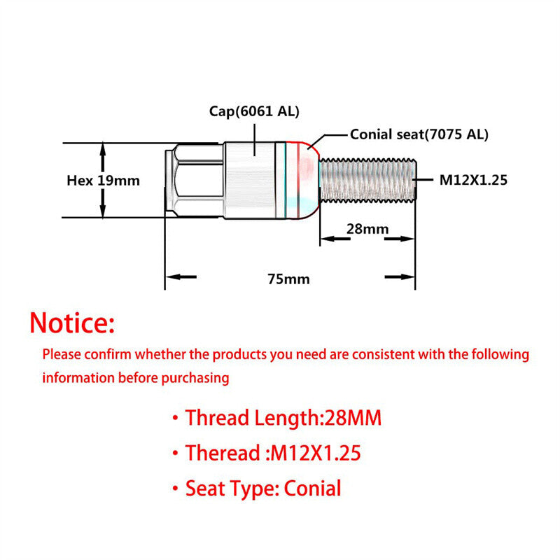 20-piece set of M12x1.25 wheel lug bolts, tapered for seat studs, 28mm shank, for Jeep for Chrysler .