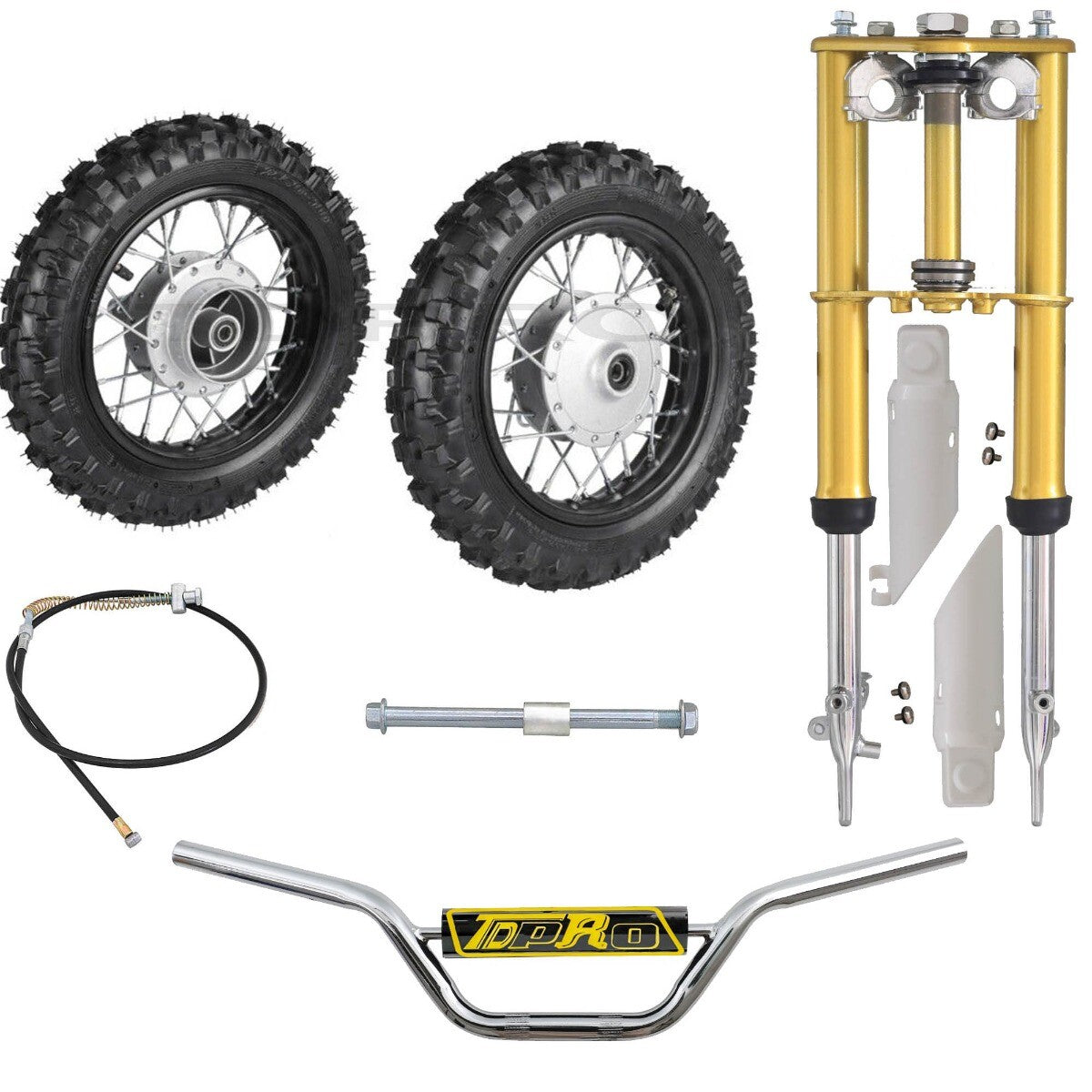 2.50 - 10 Front and rear wheels + front fork handlebars for Pit bicycle CRF50 SSR 70cc 110