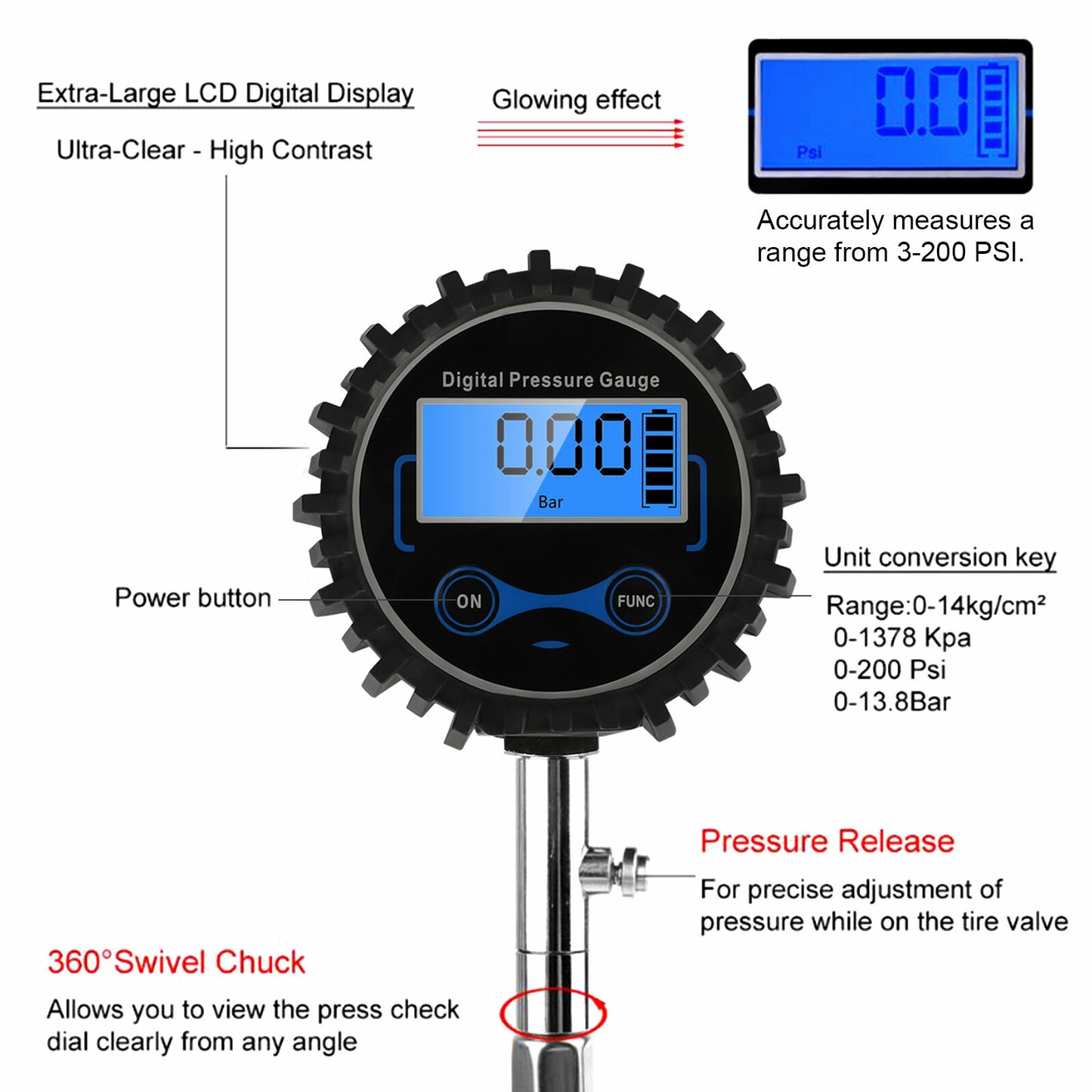 200PSI LCD Digital Tire Inflator Pressure Gauge Tester for Trucks, Cars, and Bicycles
