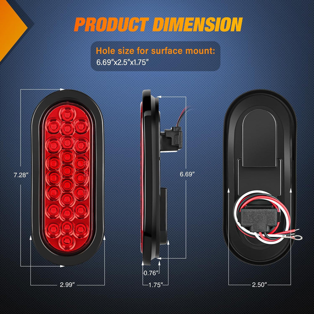 Red and white 6-inch oval 24-LED taillights for truck trailers, spare reverse lights with grommets.