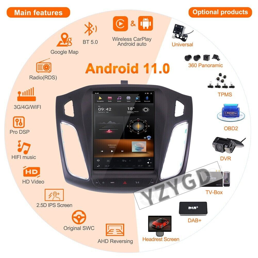 for Ford Focus 2012-2018 Stereo Android CarPlay Car Radio Receiver 64GB Screen