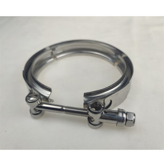 Universal stainless steel 2.5-inch V-belt clips suitable for turbochargers, downpipes, and exhaust systems.