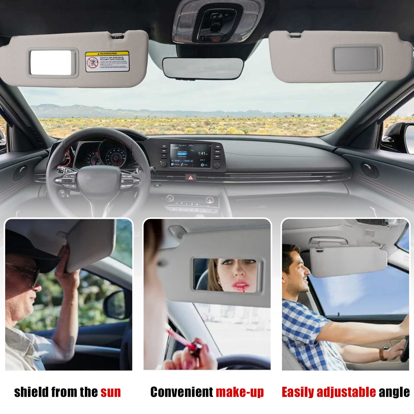 2-Pack for Hyundai for Elantra Gray 852103X000TX Brand New Car Sun Visors (Right + Left -)