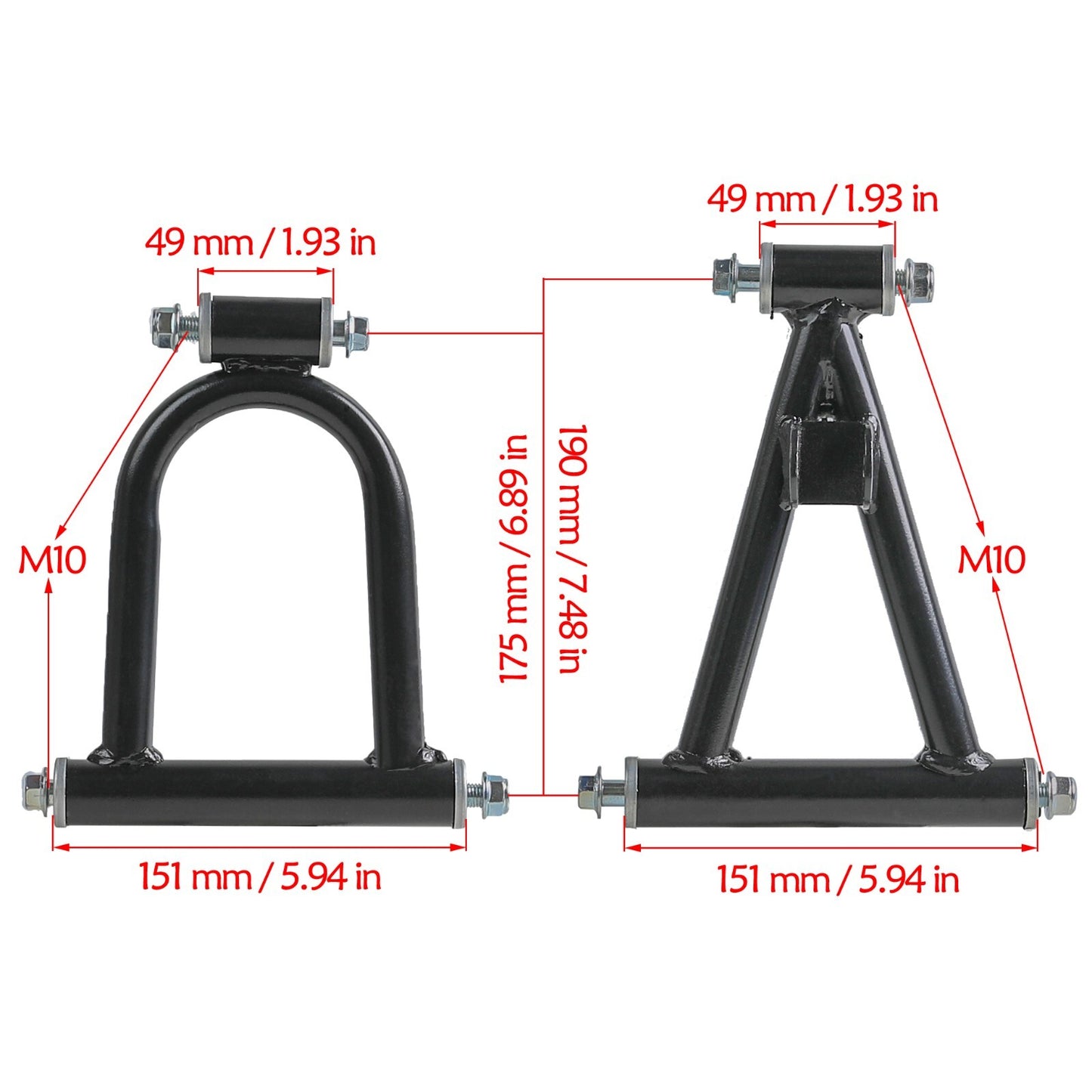 Front suspension arm kit upper/lower control arms for four-wheeled bicycles, all-terrain vehicles, and go-karts.