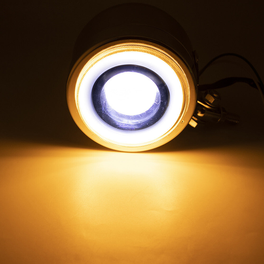 Suitable for Cafe Racer Bobber motorcycles, amber LED headlights, spot fog lights, and angel eyes.