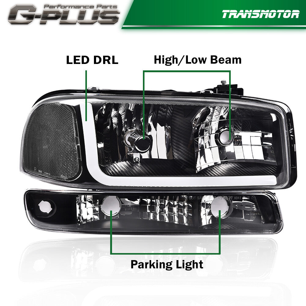 Suitable for 99-07 GimCissi for Sierra for Yukon LED DRL headlights with turn signals, black/clear.