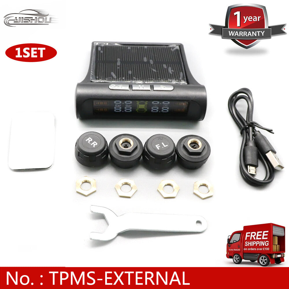 External tire pressure monitoring system with USB + solar-powered wireless automotive LCD screen and 4 TPMS sensors.