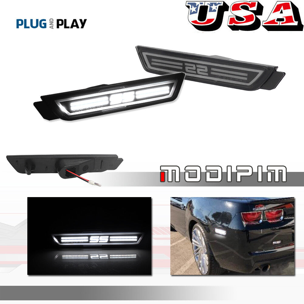Applicable to 2010-2015 for Chevrolet Camaro rear bumper side markers with white LED lights.