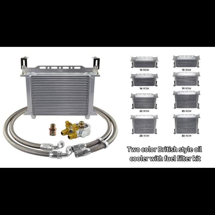 Universal 16 Row Oil Cooler+AN10 Oil Adapter w/Thermostat +Braided Hose Line Kit