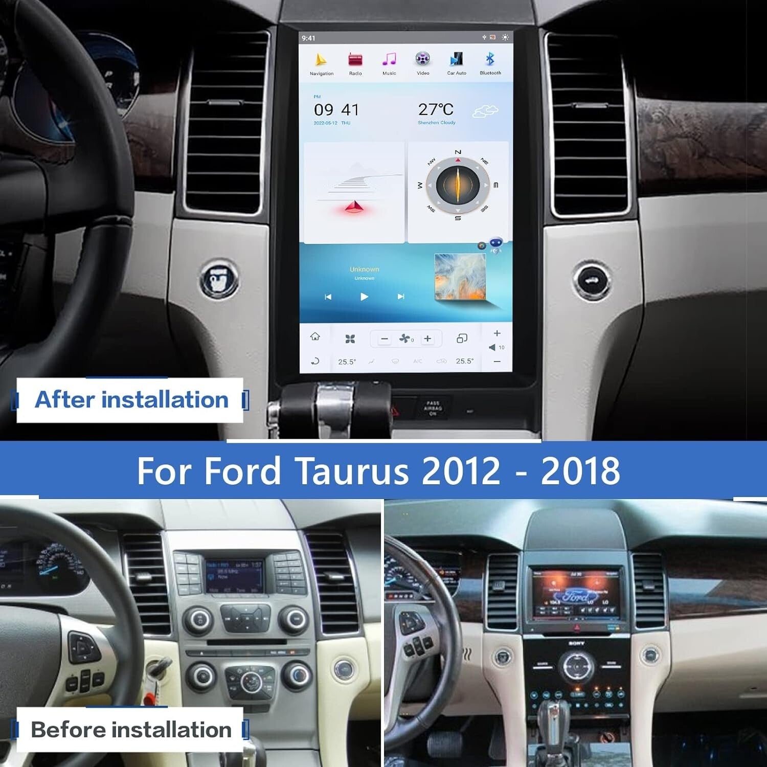 for Ford Taurus 2010-2018 Android for Tesla Car Radio GPS 1Din Stereo Receiver 64G