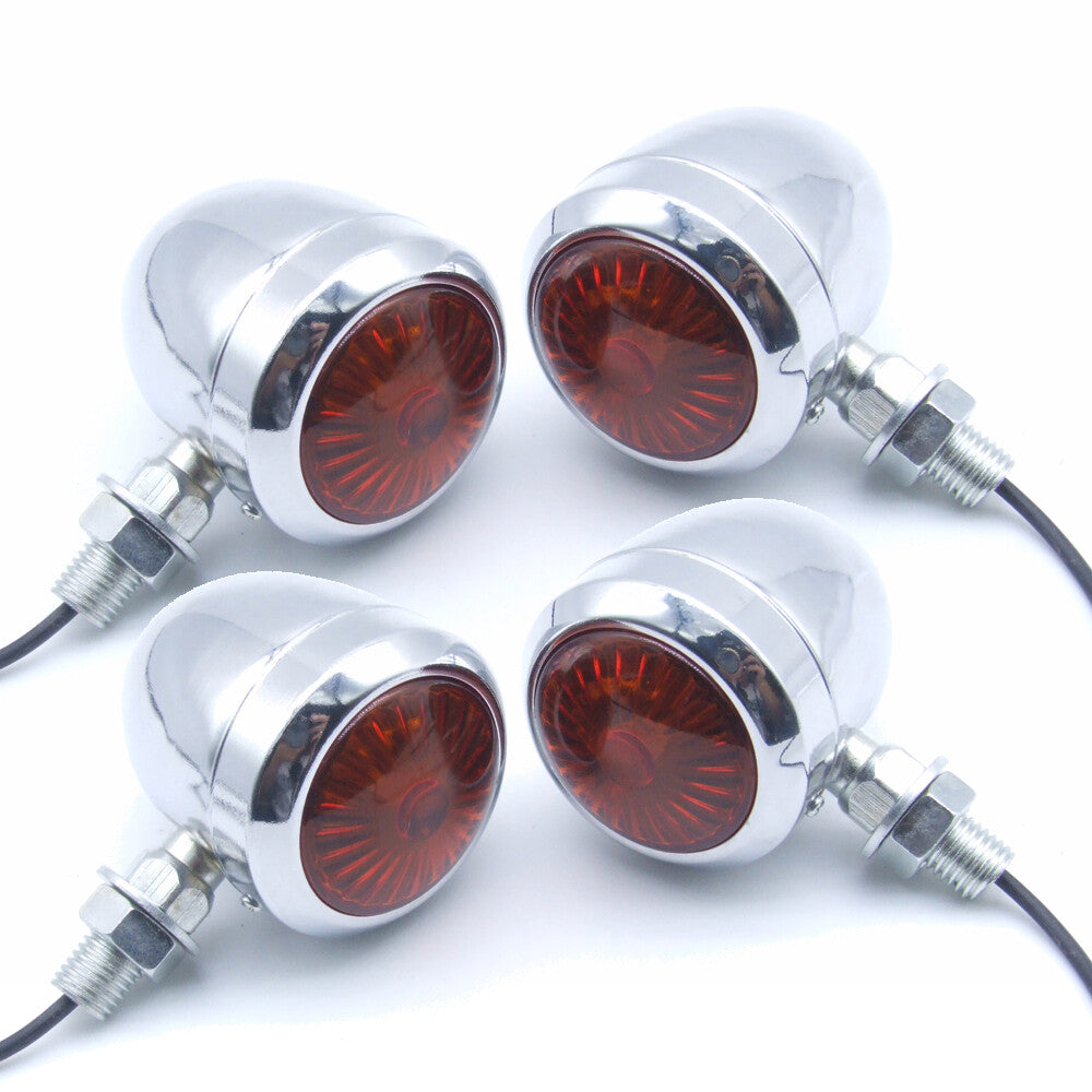 2 pieces of chrome motorcycle amber flashing lights, brakes, running lights, turn signals, and round taillights