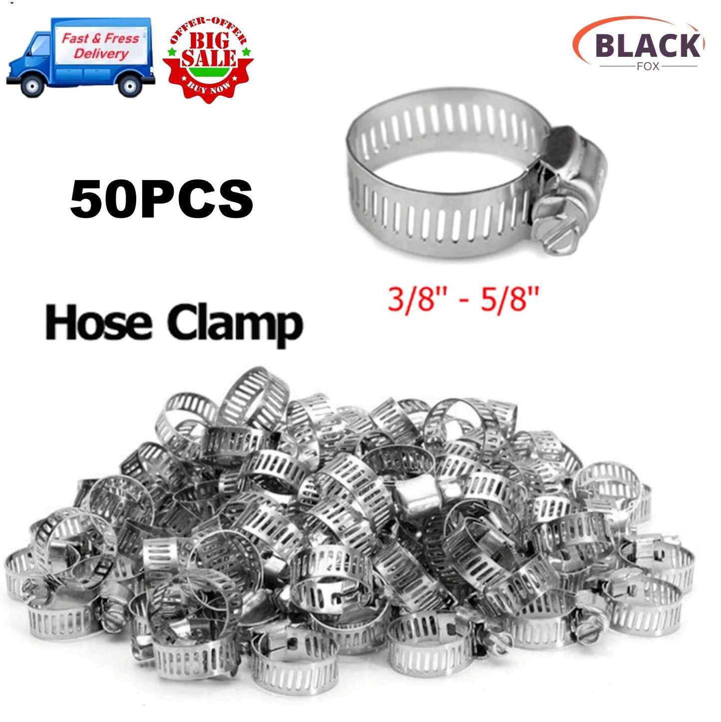 50-pack of hose clamps, 3/8 inch to 5/8 inch adjustable steel strap worm clamps, 304S fuel line clamps.