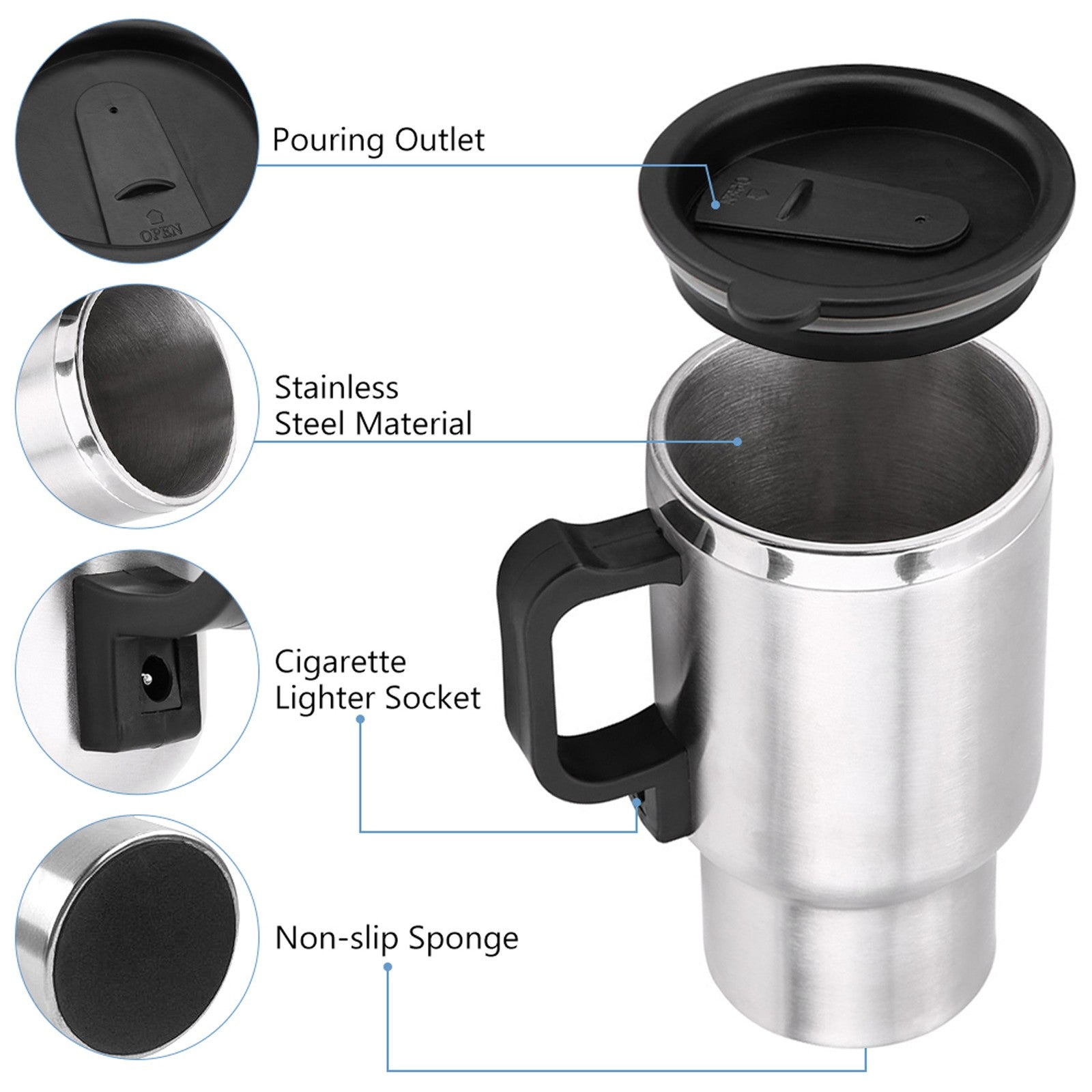 12V In-car Heated Travel Mug Electric Stainless Steel Travel Heating Cup
