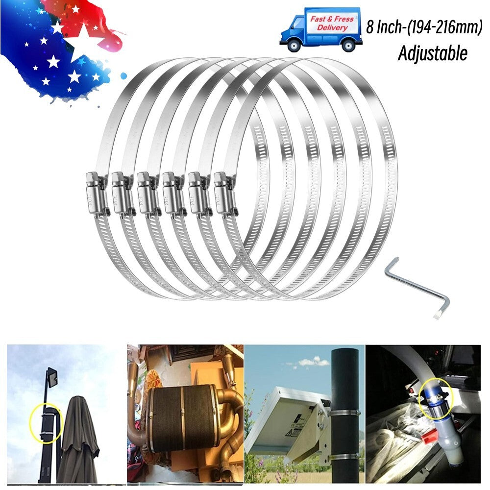 8-inch Adjustable Stainless Steel Hose Clamp Worm Gear Clamp 6-Piece