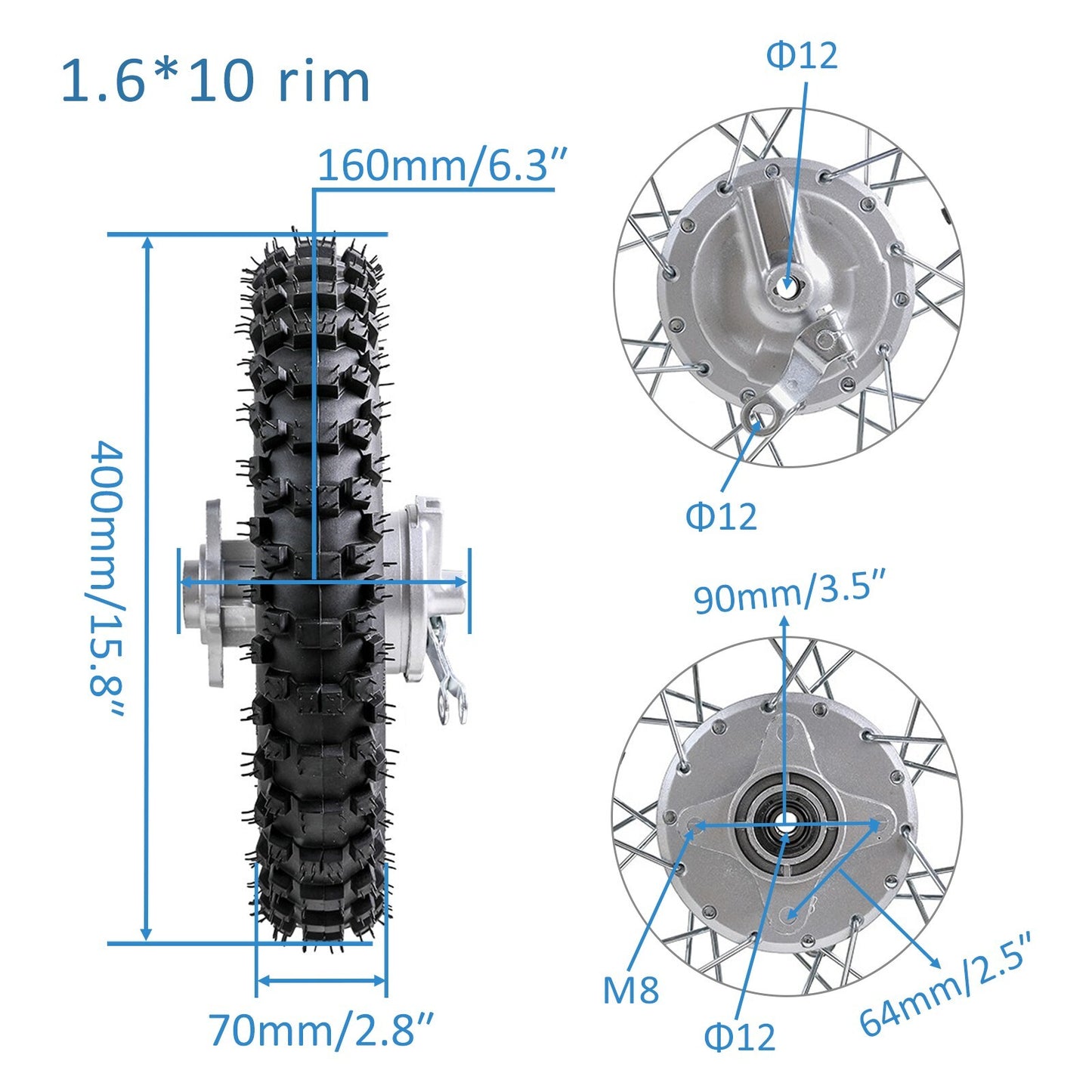 80/100-10 rear drum brake wheel + 58mm 37T sprocket for TTR110 CRF50 small diameter bicycles