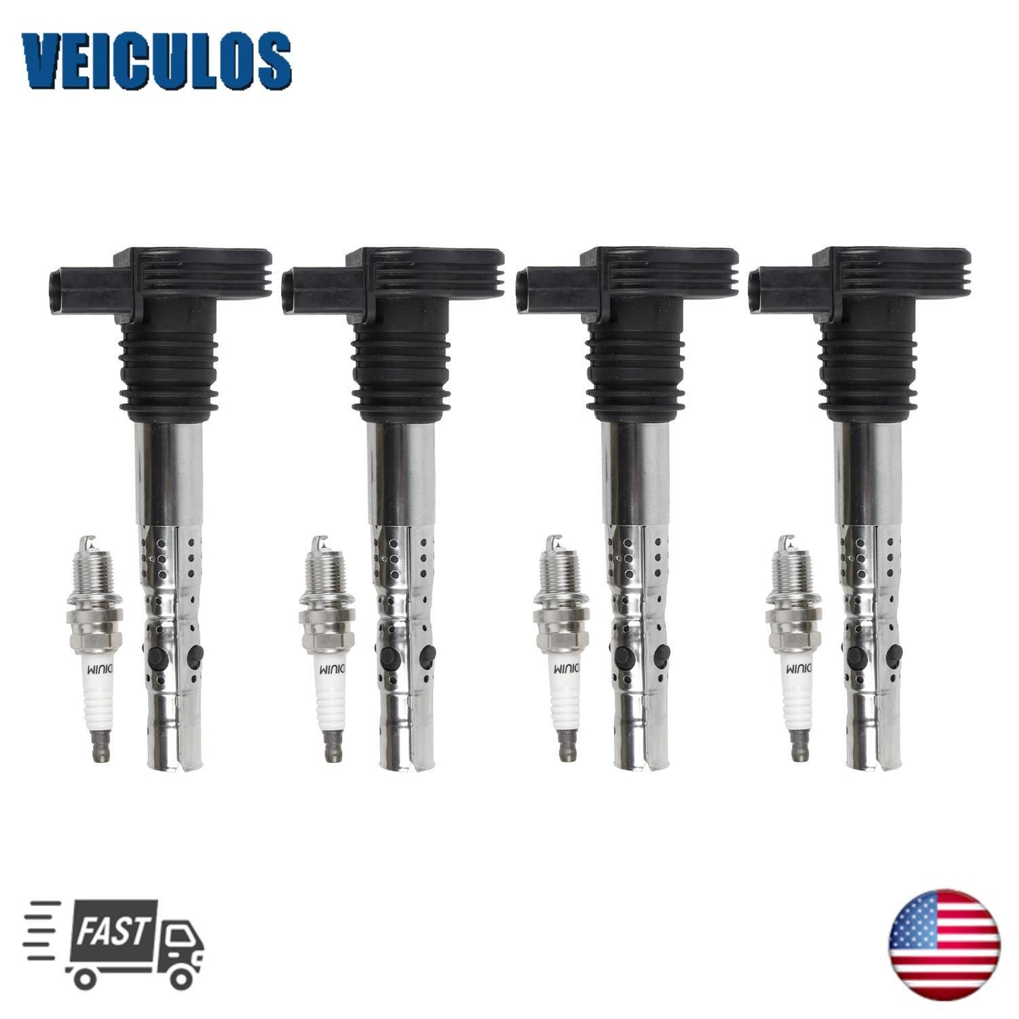 UF411 4X Ignition Coils+4X Spark Plugs for VW Beetle for Golf for Passat for Audi A4 TT 1.8L
