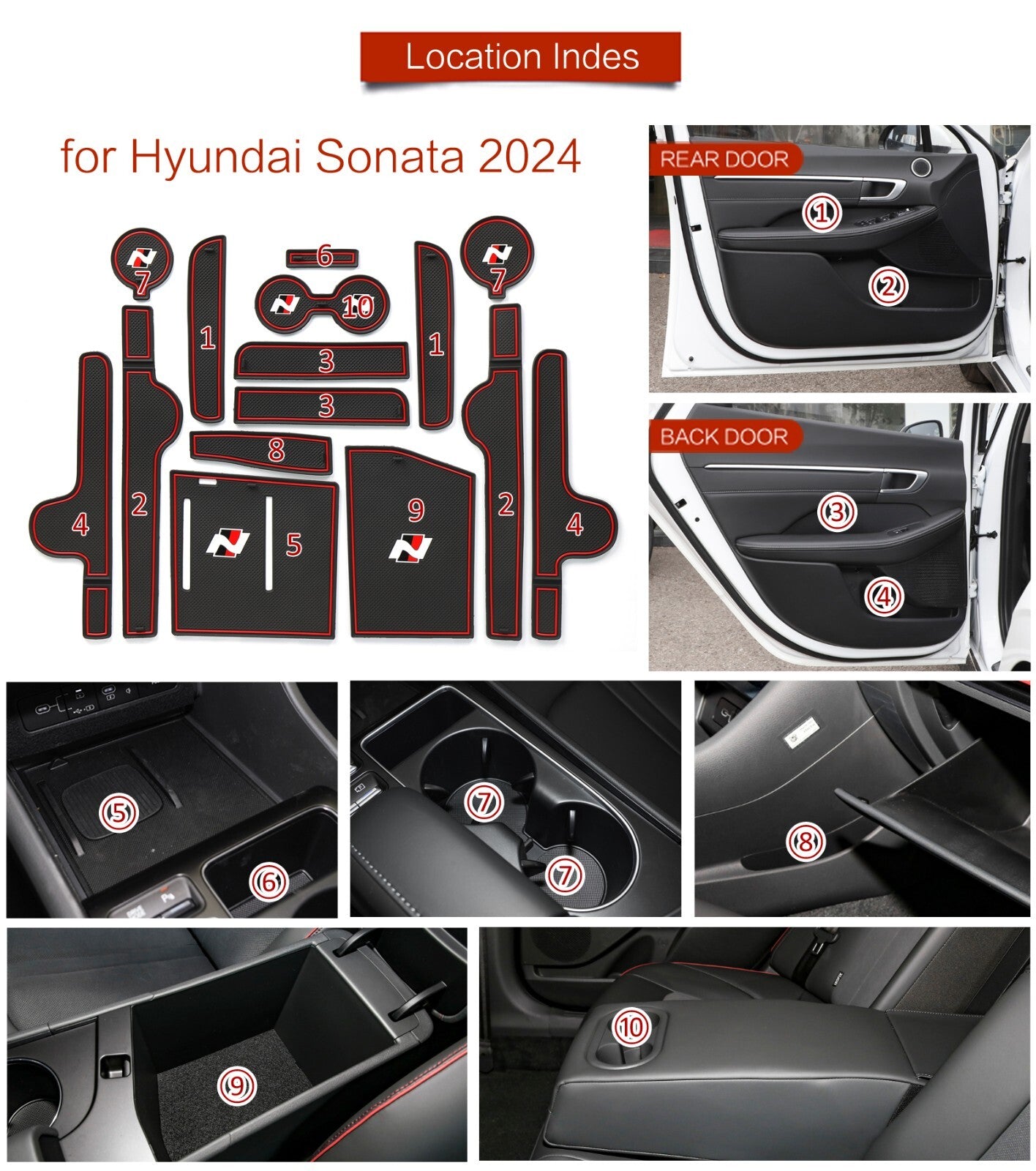 for Hyundai Sonata 2024 N-line Anti-Slip Gate Slot Mat Door Cup Holder 15PCS Red