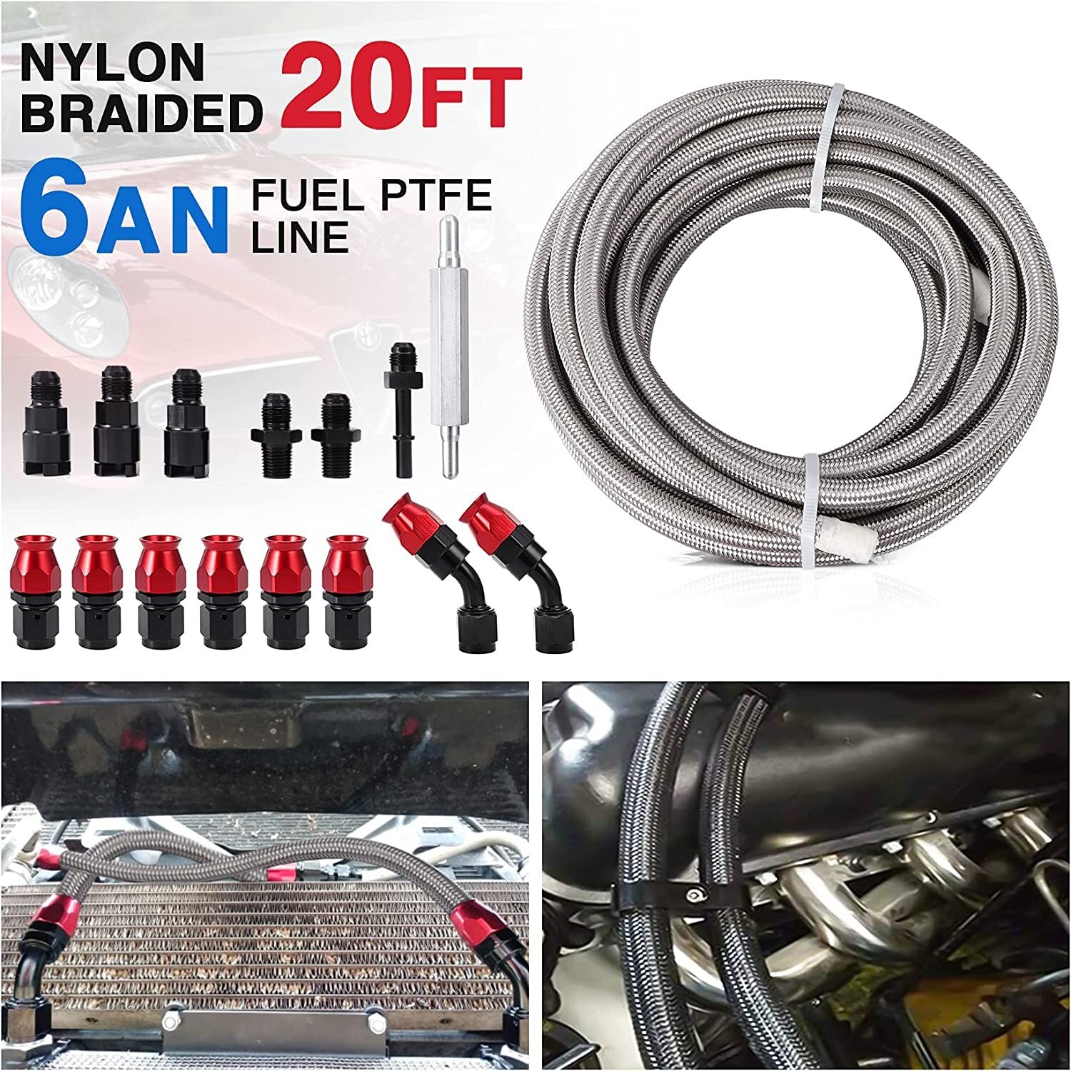 6AN PTFE Fuel Line Kit E85 20ft Braided Nylon Fuel Hose 3/8 inch AN6 Fuel Line e85