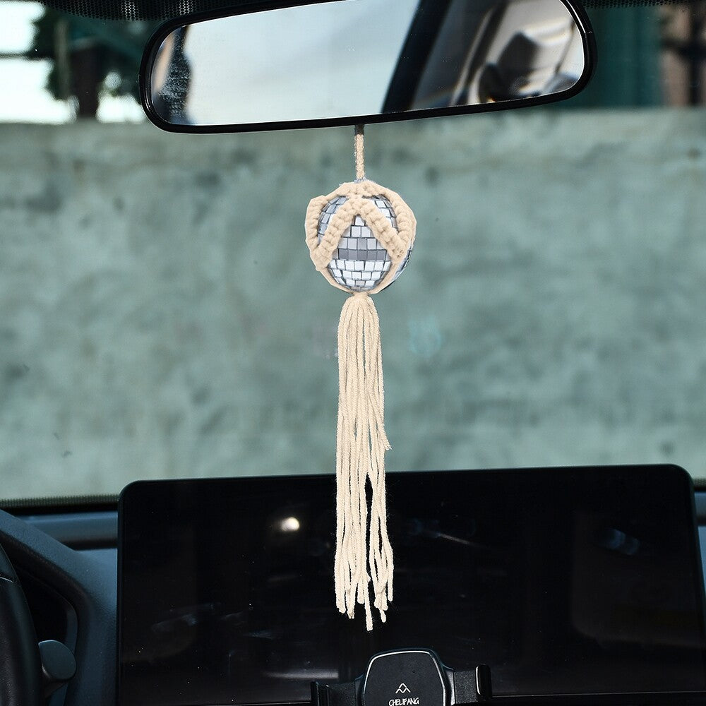 Car Silver Disco Ball Rear View Mirror Hanging w/ Woven Lines for Women Girls